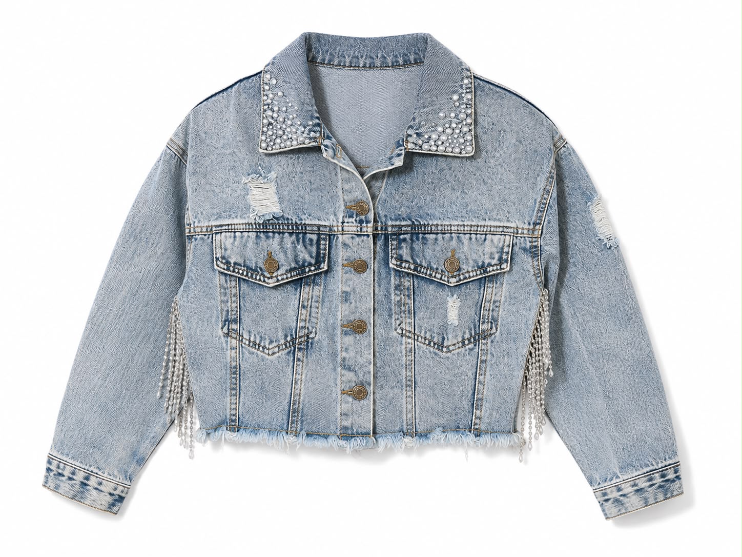 Rhinestone Fringe Cropped Denim Jacket — image 1