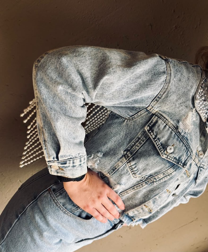 Rhinestone Fringe Cropped Denim Jacket — image 6