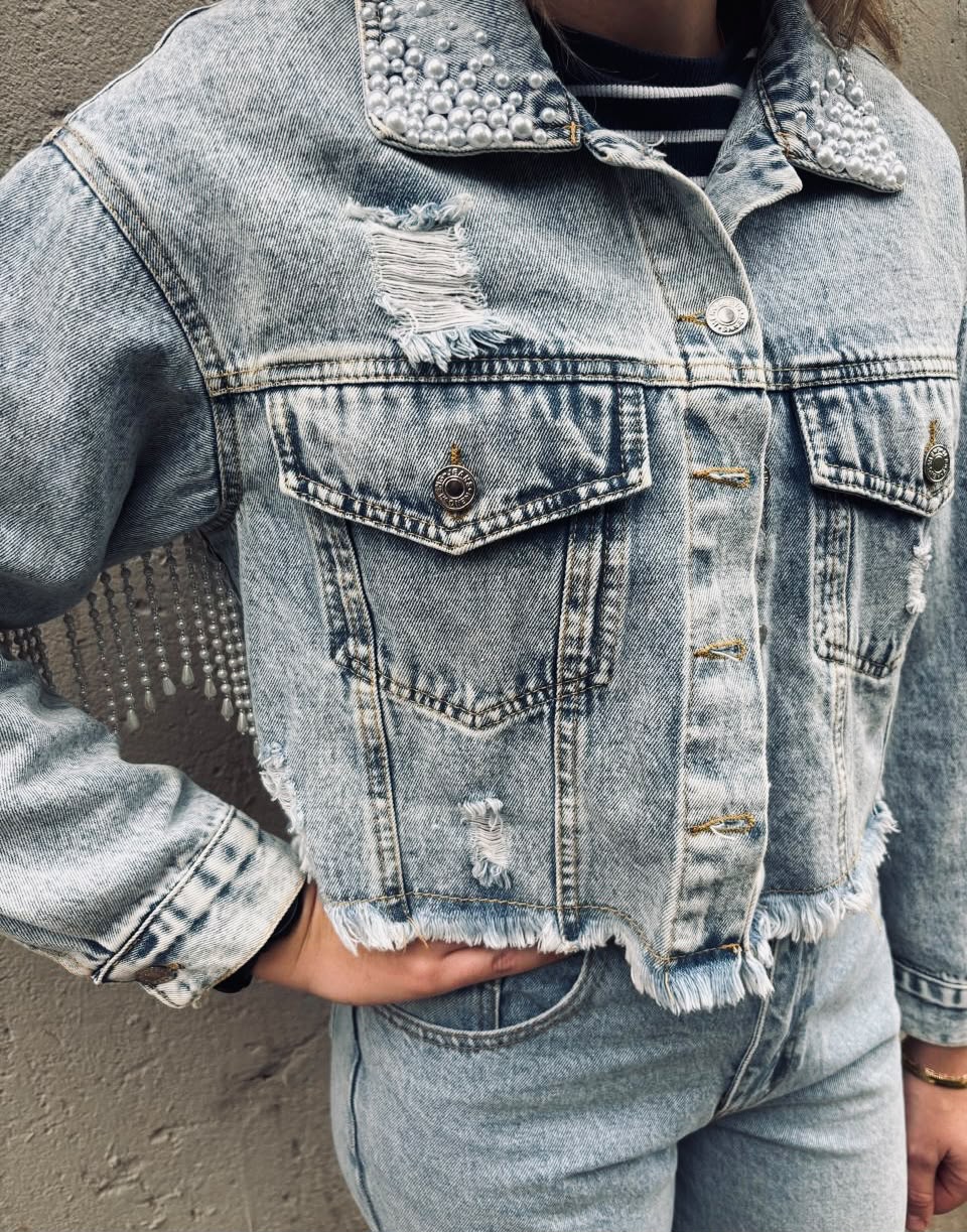 Rhinestone Fringe Cropped Denim Jacket — image 5