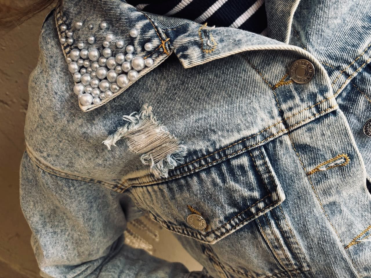 Rhinestone Fringe Cropped Denim Jacket — image 3