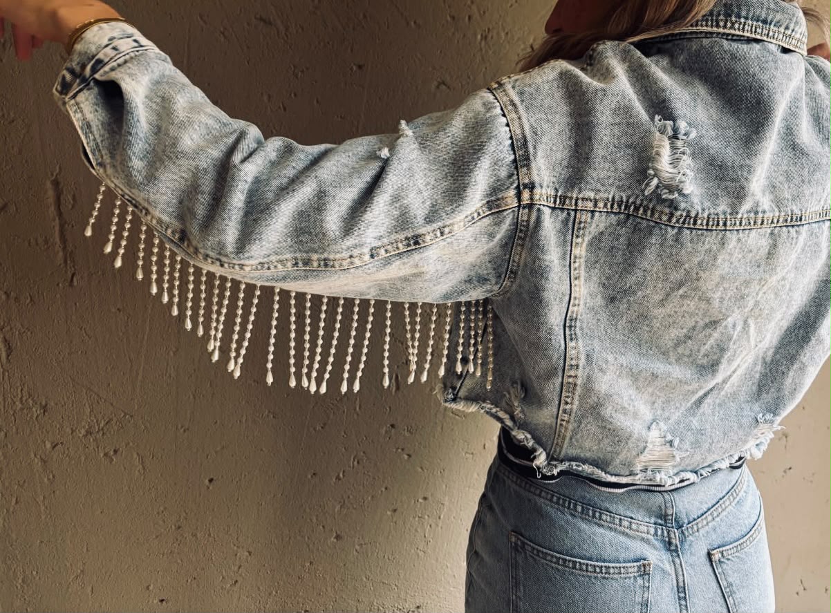 Rhinestone Fringe Cropped Denim Jacket — image 4